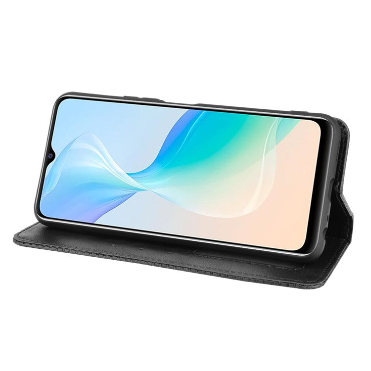 Retro Textured Surface Magnetic Automatic Closing for vivo Y33s 4G / Y21 / Y21s / Y32 4G / Y21t 4G / Y21e 4G / Y21a 4G / Y21G / T1X 4G / Y33t Leather Phone Wallet Stand Cover - Black