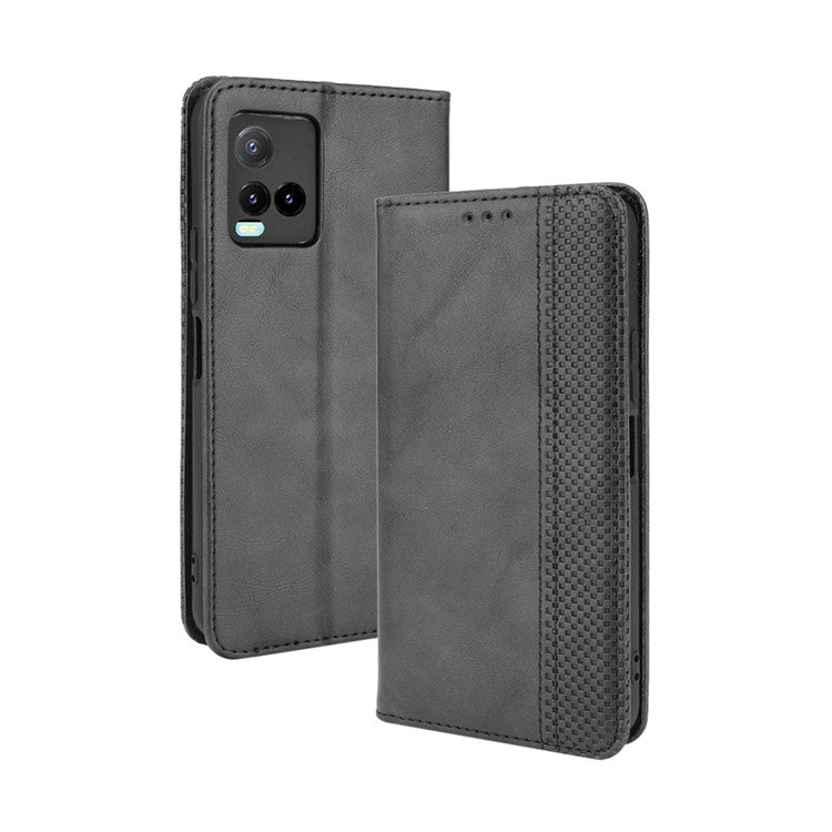 Retro Textured Surface Magnetic Automatic Closing for vivo Y33s 4G / Y21 / Y21s / Y32 4G / Y21t 4G / Y21e 4G / Y21a 4G / Y21G / T1X 4G / Y33t Leather Phone Wallet Stand Cover - Black