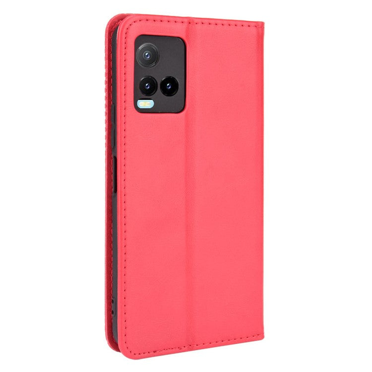 Retro Textured Surface Magnetic Automatic Closing for vivo Y33s 4G / Y21 / Y21s / Y32 4G / Y21t 4G / Y21e 4G / Y21a 4G / Y21G / T1X 4G / Y33t Leather Phone Wallet Stand Cover - Red