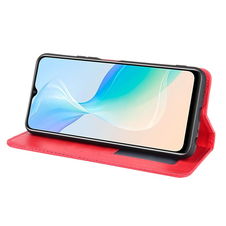 Retro Textured Surface Magnetic Automatic Closing for vivo Y33s 4G / Y21 / Y21s / Y32 4G / Y21t 4G / Y21e 4G / Y21a 4G / Y21G / T1X 4G / Y33t Leather Phone Wallet Stand Cover - Red