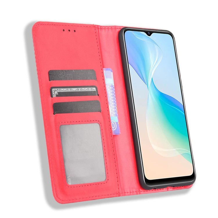 Retro Textured Surface Magnetic Automatic Closing for vivo Y33s 4G / Y21 / Y21s / Y32 4G / Y21t 4G / Y21e 4G / Y21a 4G / Y21G / T1X 4G / Y33t Leather Phone Wallet Stand Cover - Red