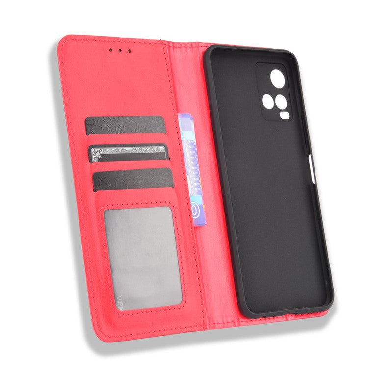 Retro Textured Surface Magnetic Automatic Closing for vivo Y33s 4G / Y21 / Y21s / Y32 4G / Y21t 4G / Y21e 4G / Y21a 4G / Y21G / T1X 4G / Y33t Leather Phone Wallet Stand Cover - Red