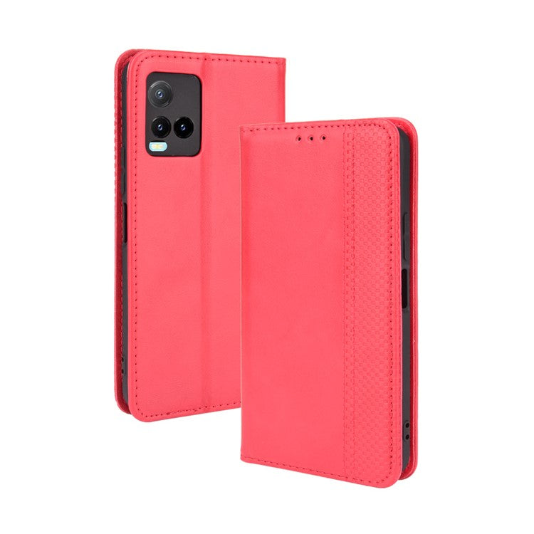 Retro Textured Surface Magnetic Automatic Closing for vivo Y33s 4G / Y21 / Y21s / Y32 4G / Y21t 4G / Y21e 4G / Y21a 4G / Y21G / T1X 4G / Y33t Leather Phone Wallet Stand Cover - Red