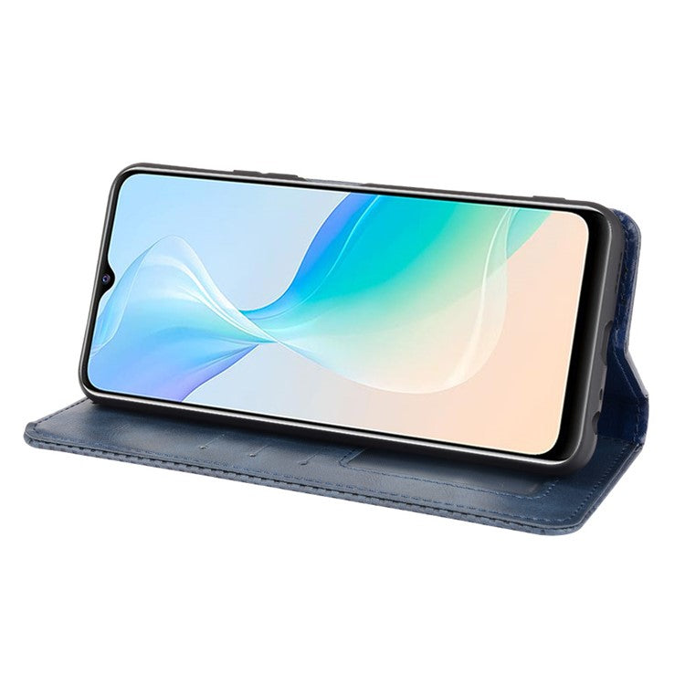 Retro Textured Surface Magnetic Automatic Closing for vivo Y33s 4G / Y21 / Y21s / Y32 4G / Y21t 4G / Y21e 4G / Y21a 4G / Y21G / T1X 4G / Y33t Leather Phone Wallet Stand Cover - Blue