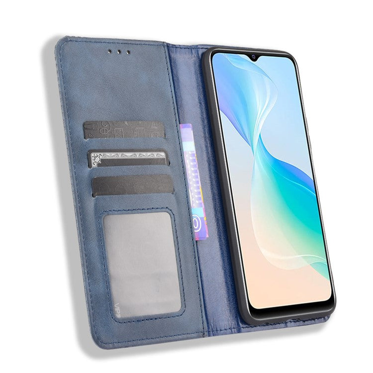 Retro Textured Surface Magnetic Automatic Closing for vivo Y33s 4G / Y21 / Y21s / Y32 4G / Y21t 4G / Y21e 4G / Y21a 4G / Y21G / T1X 4G / Y33t Leather Phone Wallet Stand Cover - Blue