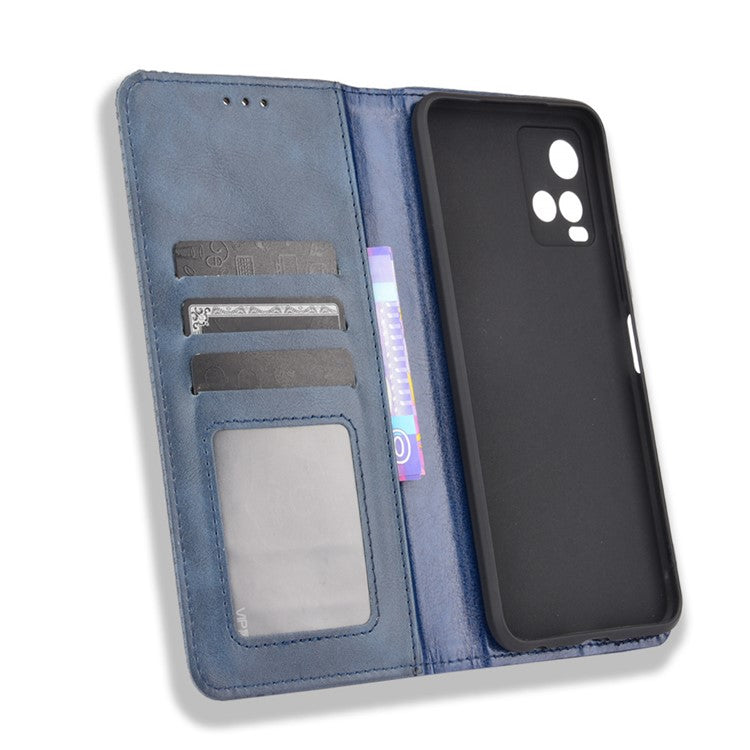 Retro Textured Surface Magnetic Automatic Closing for vivo Y33s 4G / Y21 / Y21s / Y32 4G / Y21t 4G / Y21e 4G / Y21a 4G / Y21G / T1X 4G / Y33t Leather Phone Wallet Stand Cover - Blue