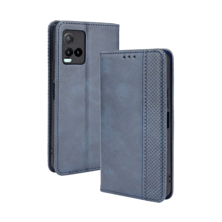 Retro Textured Surface Magnetic Automatic Closing for vivo Y33s 4G / Y21 / Y21s / Y32 4G / Y21t 4G / Y21e 4G / Y21a 4G / Y21G / T1X 4G / Y33t Leather Phone Wallet Stand Cover - Blue