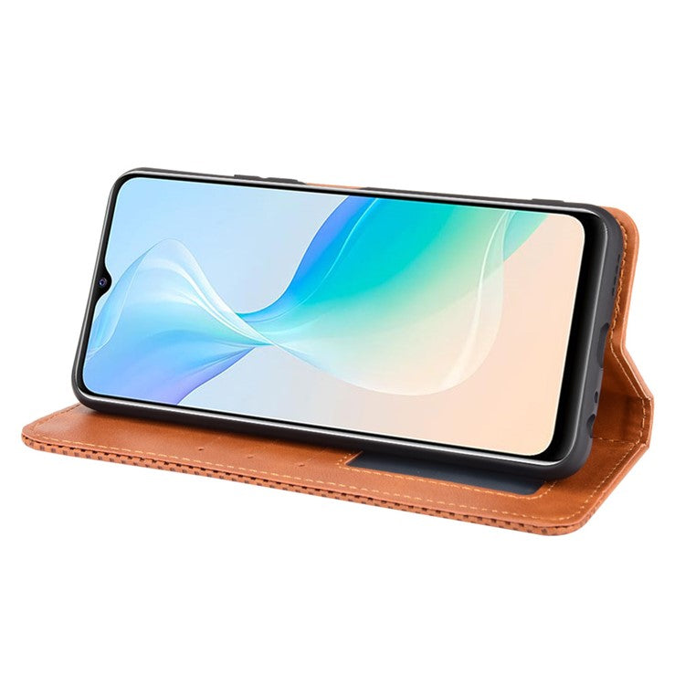 Retro Textured Surface Magnetic Automatic Closing for vivo Y33s 4G / Y21 / Y21s / Y32 4G / Y21t 4G / Y21e 4G / Y21a 4G / Y21G / T1X 4G / Y33t Leather Phone Wallet Stand Cover - Brown