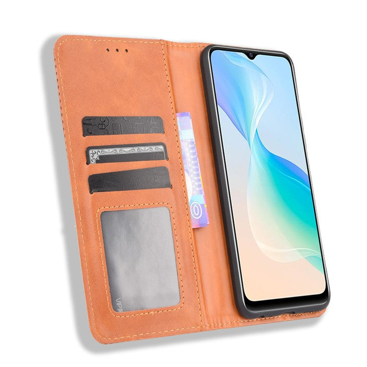 Retro Textured Surface Magnetic Automatic Closing for vivo Y33s 4G / Y21 / Y21s / Y32 4G / Y21t 4G / Y21e 4G / Y21a 4G / Y21G / T1X 4G / Y33t Leather Phone Wallet Stand Cover - Brown