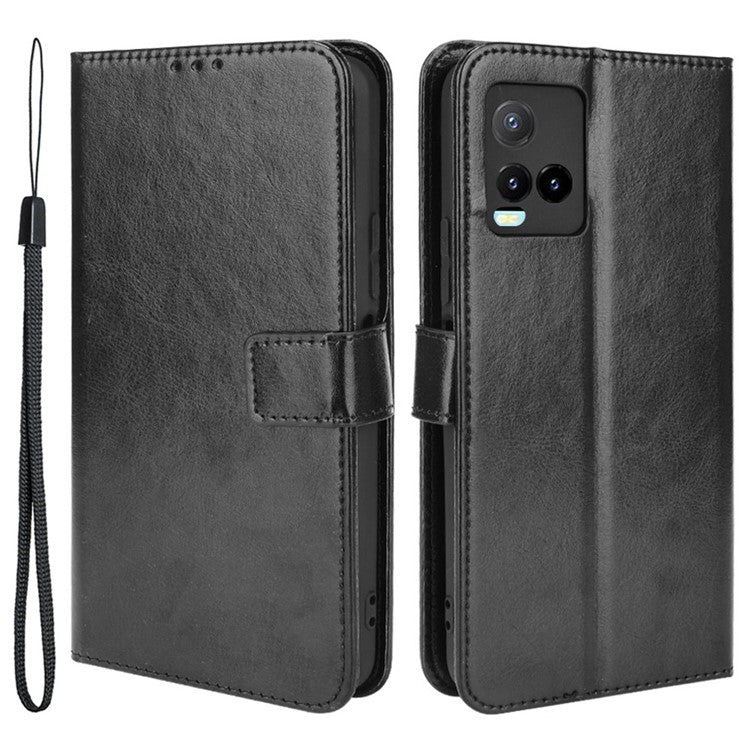 Wallet Design Crazy Horse Texture Well-Protected Magnetic Closure Anti-Fall Flip Leather Phone Case with Stand for vivo Y33s 4G / Y21 / Y21s / Y32 4G / Y21t 4G / Y21e 4G / Y21a 4G / Y21G / T1X 4G / Y33t - Black