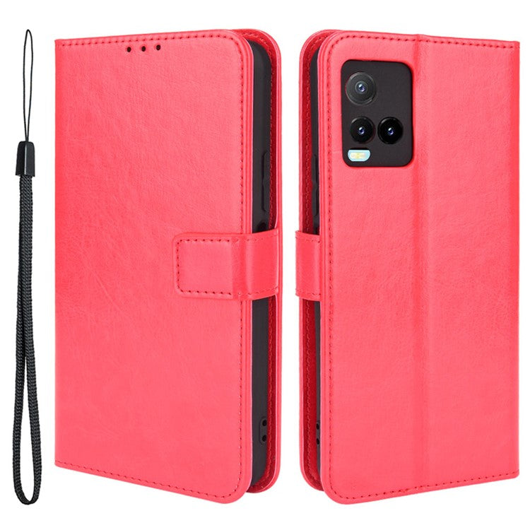 Wallet Design Crazy Horse Texture Well-Protected Magnetic Closure Anti-Fall Flip Leather Phone Case with Stand for vivo Y33s 4G / Y21 / Y21s / Y32 4G / Y21t 4G / Y21e 4G / Y21a 4G / Y21G / T1X 4G / Y33t - Red