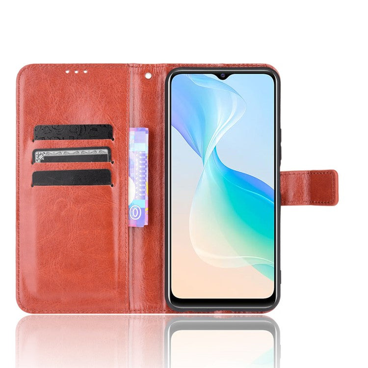 Wallet Design Crazy Horse Texture Well-Protected Magnetic Closure Anti-Fall Flip Leather Phone Case with Stand for vivo Y33s 4G / Y21 / Y21s / Y32 4G / Y21t 4G / Y21e 4G / Y21a 4G / Y21G / T1X 4G / Y33t - Brown