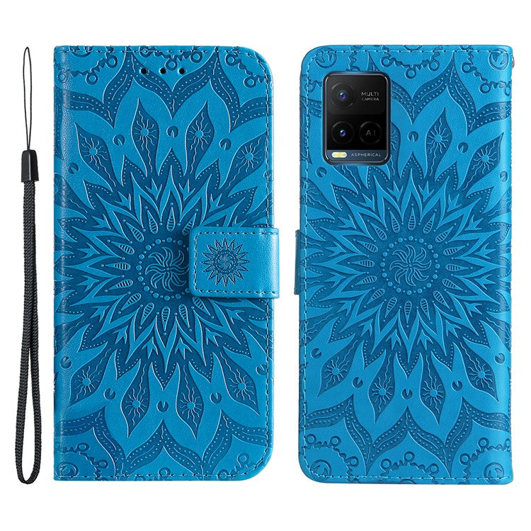 KT Imprinting Flower Series-1 Sunflower Imprinting Design Stand Flip Magnetic Clasp PU Wallet Phone Case with Strap for vivo Y21 / Y21s / Y33s - Blue