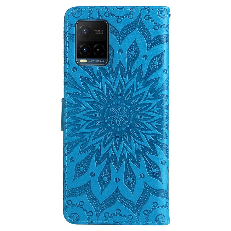 KT Imprinting Flower Series-1 Sunflower Imprinting Design Stand Flip Magnetic Clasp PU Wallet Phone Case with Strap for vivo Y21 / Y21s / Y33s - Blue