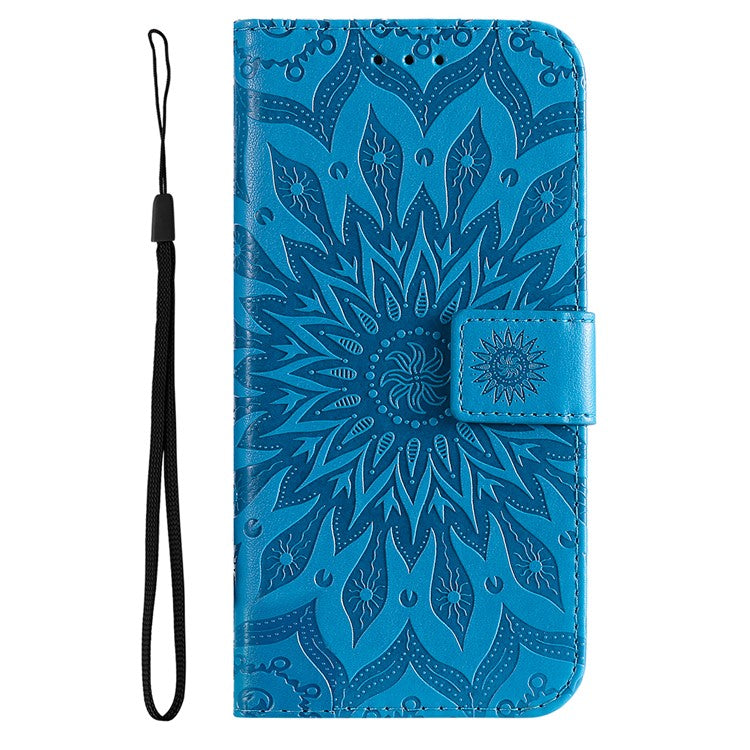 KT Imprinting Flower Series-1 Sunflower Imprinting Design Stand Flip Magnetic Clasp PU Wallet Phone Case with Strap for vivo Y21 / Y21s / Y33s - Blue