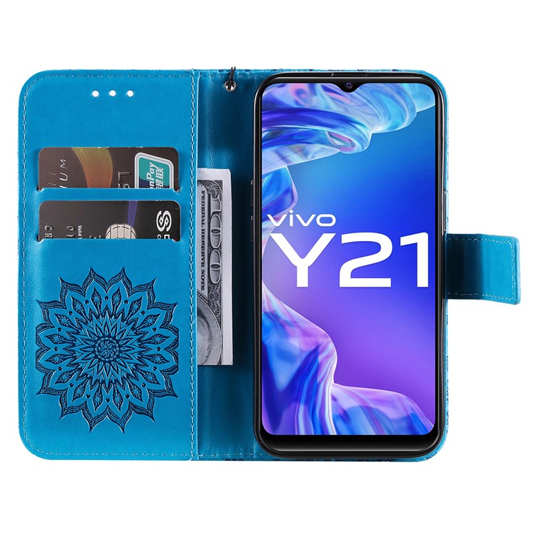 KT Imprinting Flower Series-1 Sunflower Imprinting Design Stand Flip Magnetic Clasp PU Wallet Phone Case with Strap for vivo Y21 / Y21s / Y33s - Blue