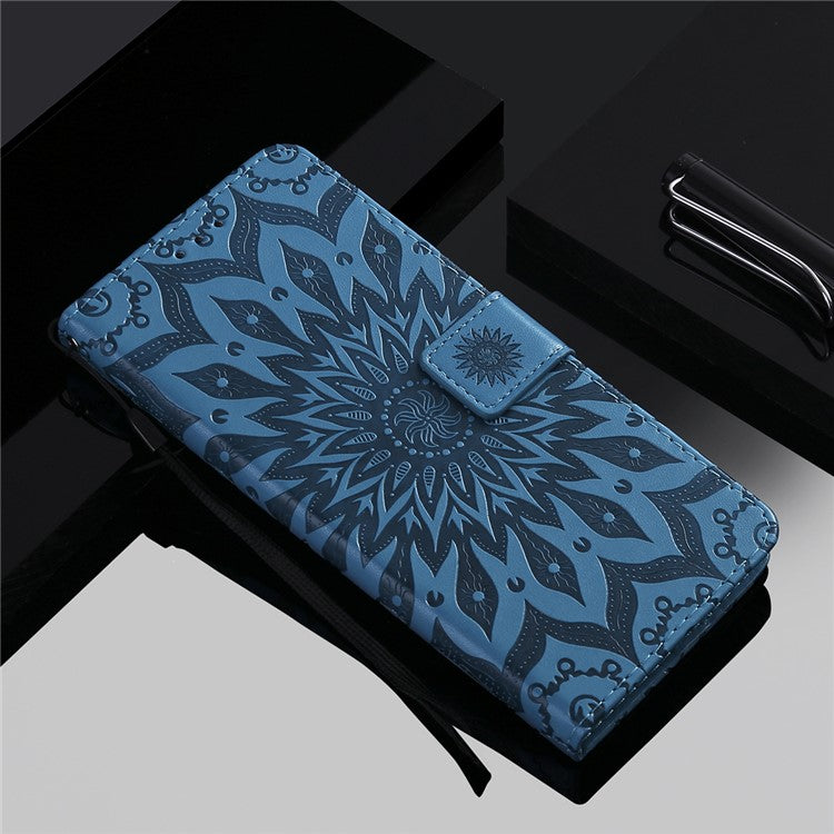 KT Imprinting Flower Series-1 Sunflower Imprinting Design Stand Flip Magnetic Clasp PU Wallet Phone Case with Strap for vivo Y21 / Y21s / Y33s - Blue