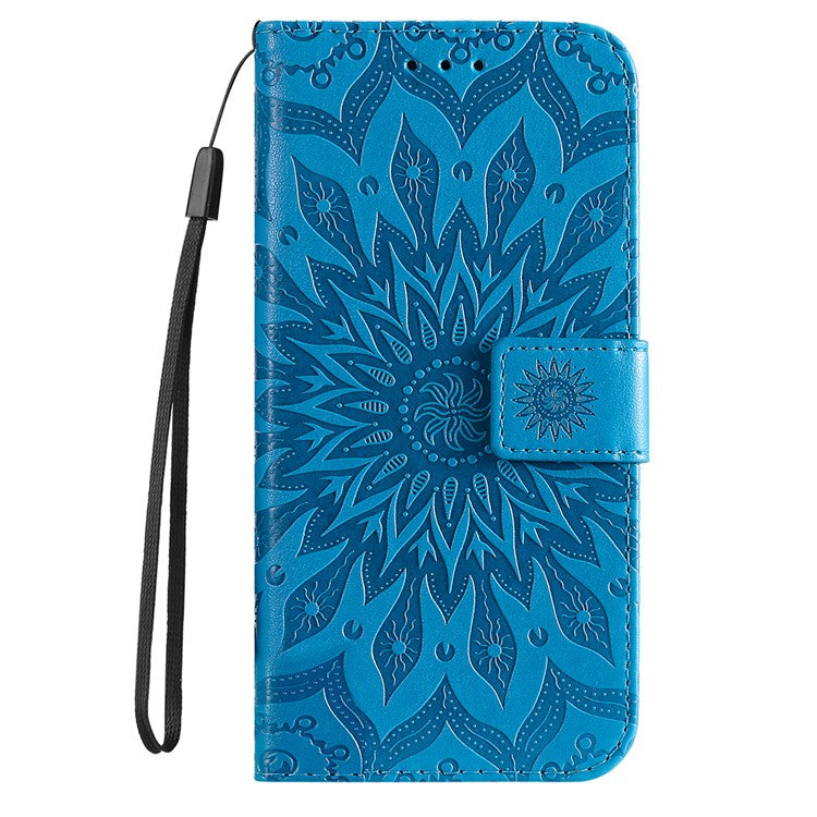 KT Imprinting Flower Series-1 Sunflower Imprinting Design Stand Flip Magnetic Clasp PU Wallet Phone Case with Strap for vivo Y21 / Y21s / Y33s - Blue