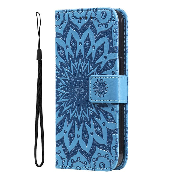 KT Imprinting Flower Series-1 Sunflower Imprinting Design Stand Flip Magnetic Clasp PU Wallet Phone Case with Strap for vivo Y21 / Y21s / Y33s - Blue