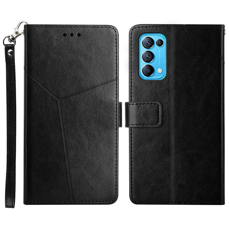 Y-Shaped Line Imprinting Full Body Protection Magnetic Clasp Wallet Stand PU Leather Phone Cover for Oppo Reno5 4G/5G/Reno5 K/Find X3 Lite - Black