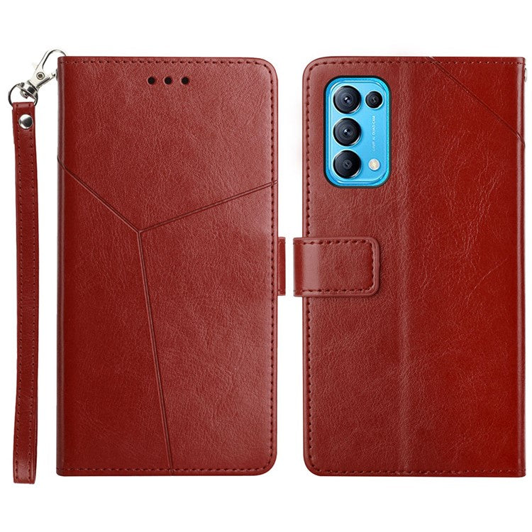 Y-Shaped Line Imprinting Full Body Protection Magnetic Clasp Wallet Stand PU Leather Phone Cover for Oppo Reno5 4G/5G/Reno5 K/Find X3 Lite - Brown