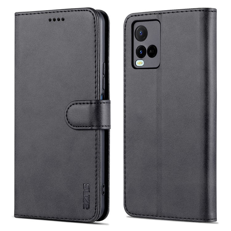 AZNS TPU+PU Leather Wallet Stand Phone Case Flip Card Slots Protected Fully Phone Shell for vivo Y21 / Y33s - Black