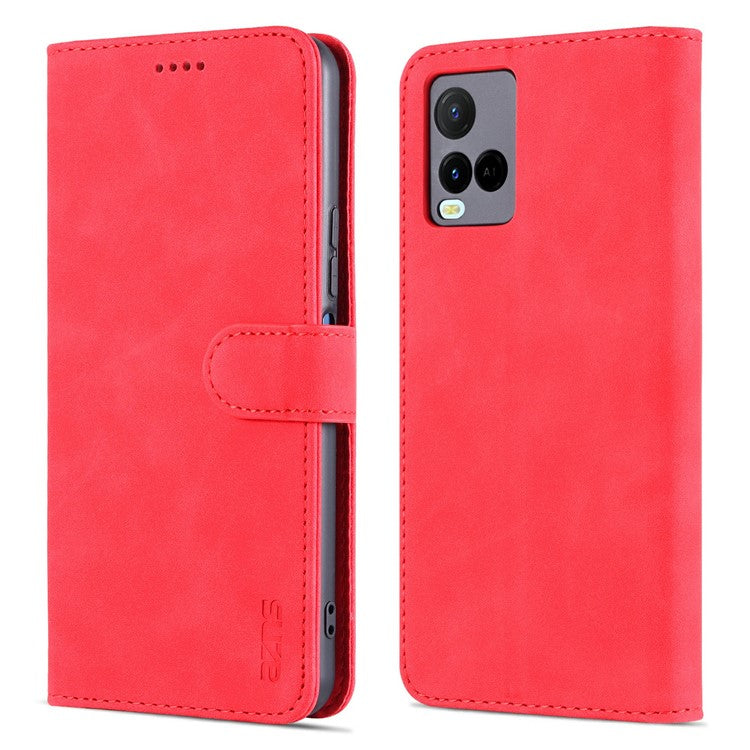 AZNS TPU+PU Leather Wallet Stand Phone Case Flip Card Slots Protected Fully Phone Shell for vivo Y21 / Y33s - Red