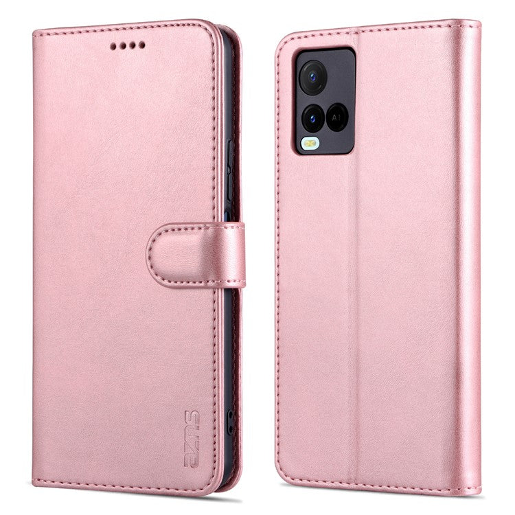 AZNS TPU+PU Leather Wallet Stand Phone Case Flip Card Slots Protected Fully Phone Shell for vivo Y21 / Y33s - Rose Gold