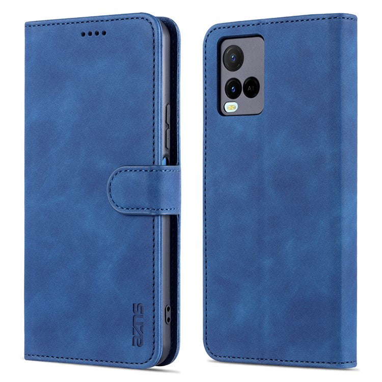 AZNS TPU+PU Leather Wallet Stand Phone Case Flip Card Slots Protected Fully Phone Shell for vivo Y21 / Y33s - Blue