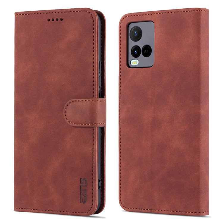 AZNS TPU+PU Leather Wallet Stand Phone Case Flip Card Slots Protected Fully Phone Shell for vivo Y21 / Y33s - Brown