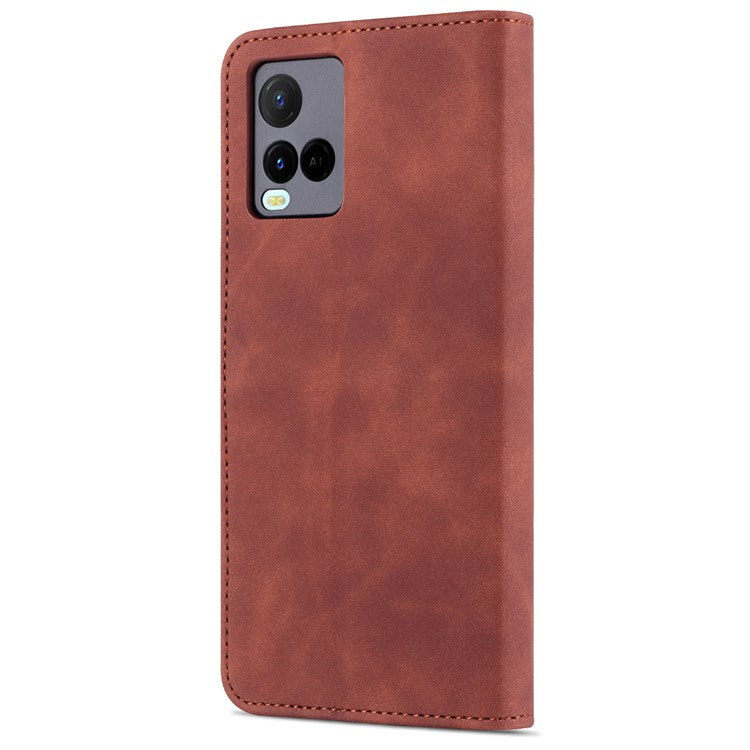 AZNS TPU+PU Leather Wallet Stand Phone Case Flip Card Slots Protected Fully Phone Shell for vivo Y21 / Y33s - Brown