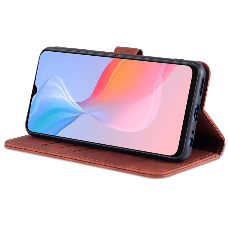 AZNS TPU+PU Leather Wallet Stand Phone Case Flip Card Slots Protected Fully Phone Shell for vivo Y21 / Y33s - Brown