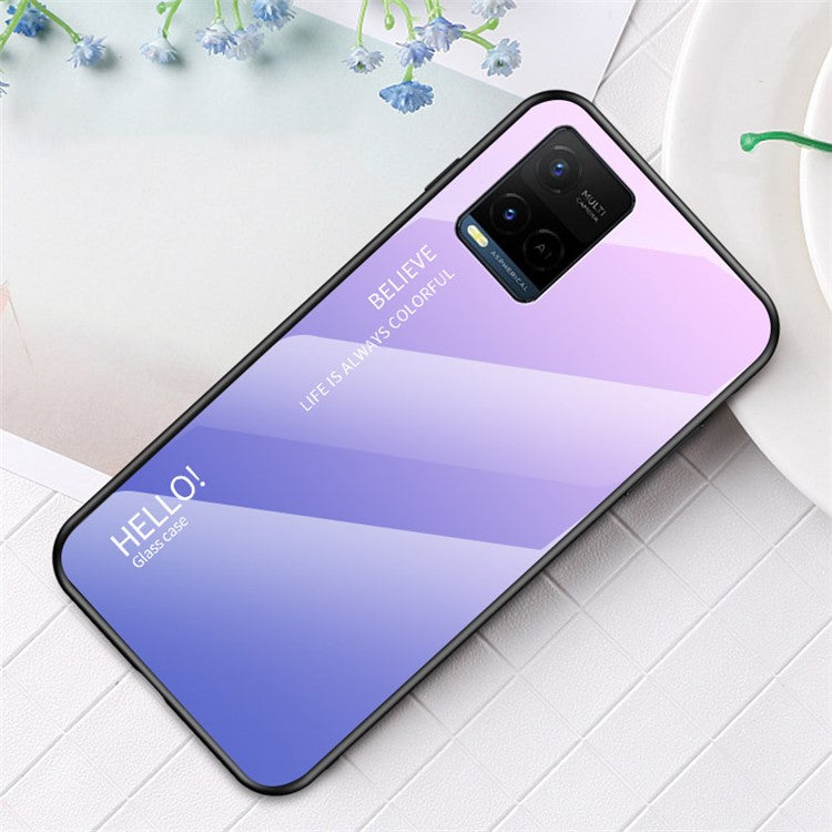 Stylish Colorful Gradient Design Shockproof Protective TPU Tempered Glass Back Phone Case for vivo Y21 / Y33s - Gradient Pink Purple