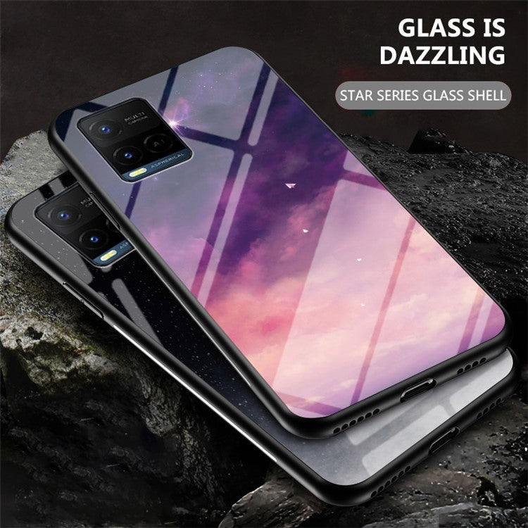 Starry Sky Series Tempered Glass Back Flexible Soft TPU Shock Absorption Protective Cover for vivo Y21 / Y33s - Dream Starry Sky