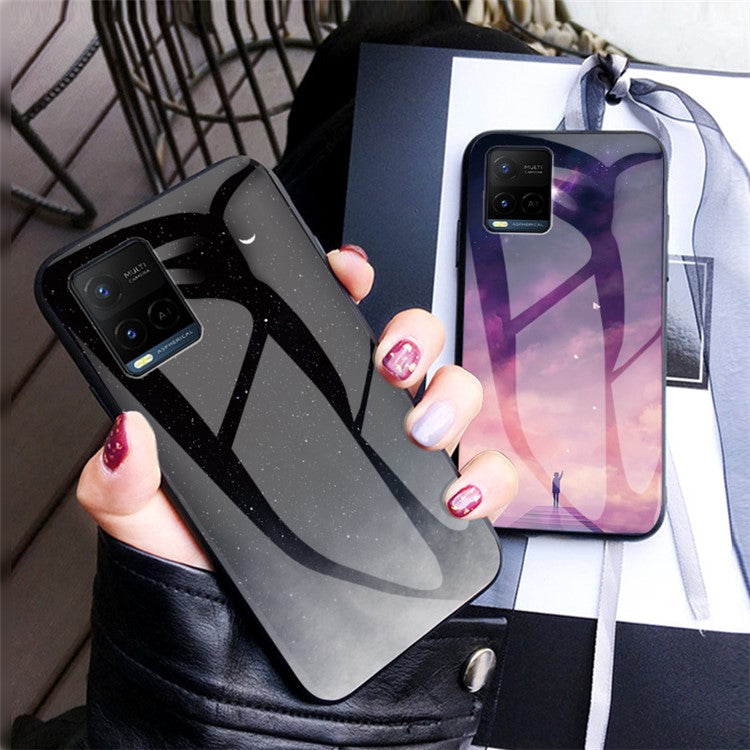 Starry Sky Series Tempered Glass Back Flexible Soft TPU Shock Absorption Protective Cover for vivo Y21 / Y33s - Dream Starry Sky