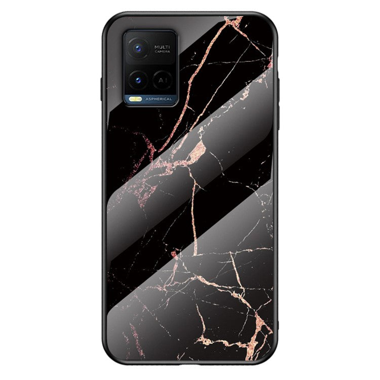 Marble Pattern Smooth Light Anti-scratch Soft TPU Frame PC and Tempered Glass Back Cover for vivo Y21/Y33s - Gold Black Marble