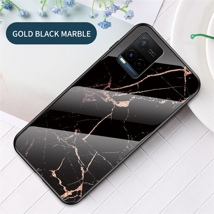 Marble Pattern Smooth Light Anti-scratch Soft TPU Frame PC and Tempered Glass Back Cover for vivo Y21/Y33s - Gold Black Marble