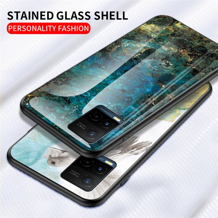 Marble Pattern Smooth Light Anti-scratch Soft TPU Frame PC and Tempered Glass Back Cover for vivo Y21/Y33s - Gold Black Marble