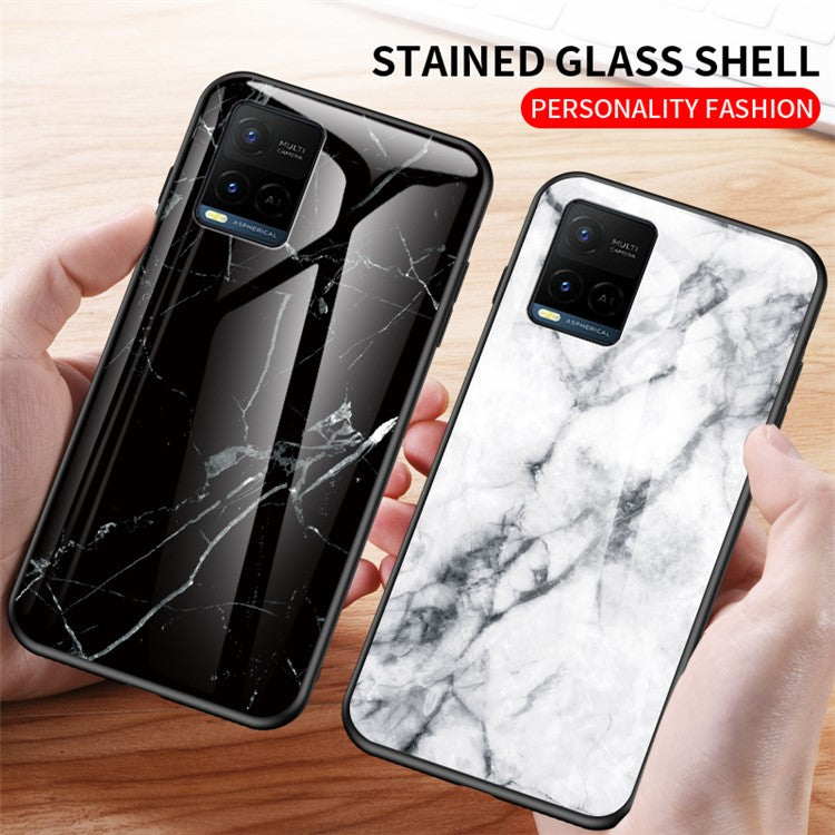 Marble Pattern Smooth Light Anti-scratch Soft TPU Frame PC and Tempered Glass Back Cover for vivo Y21/Y33s - Gold Black Marble