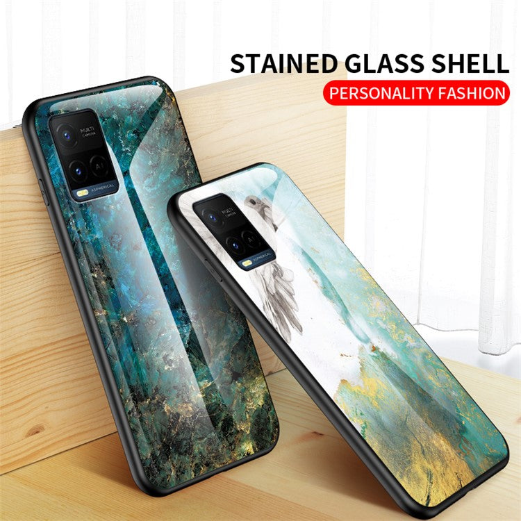 Marble Pattern Smooth Light Anti-scratch Soft TPU Frame PC and Tempered Glass Back Cover for vivo Y21/Y33s - Gold Black Marble