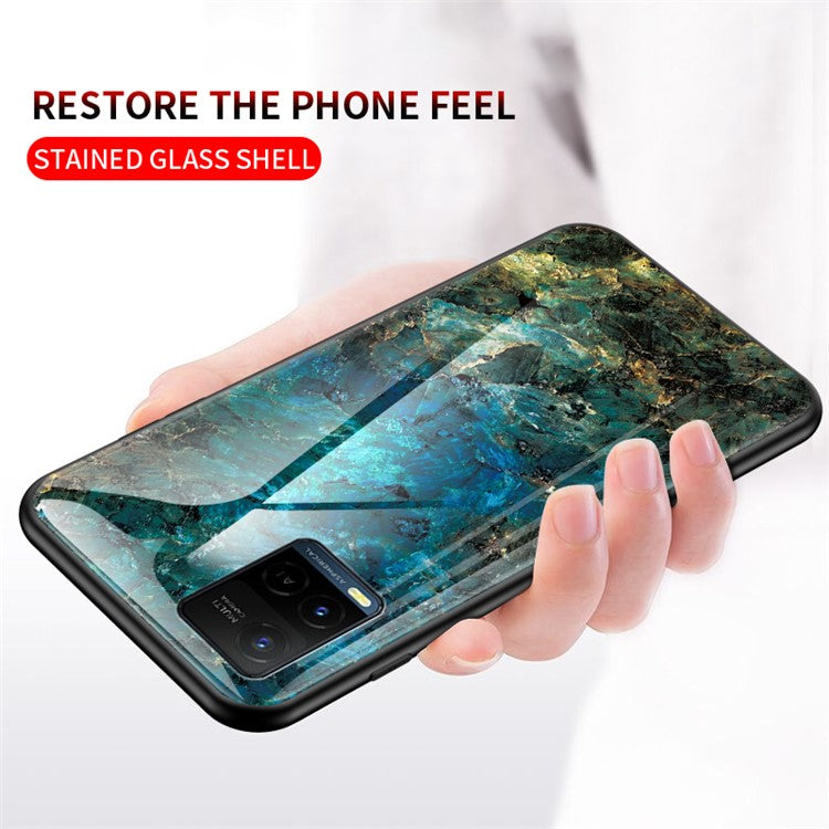 Marble Pattern Smooth Light Anti-scratch Soft TPU Frame PC and Tempered Glass Back Cover for vivo Y21/Y33s - Gold Black Marble