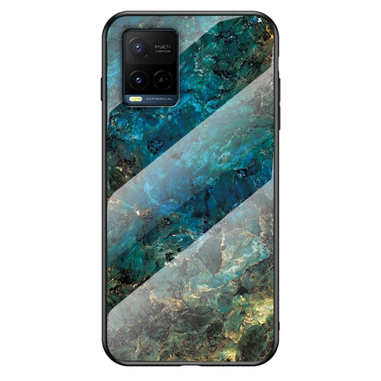 Marble Pattern Smooth Light Anti-scratch Soft TPU Frame PC and Tempered Glass Back Cover for vivo Y21/Y33s - Emerald Marble