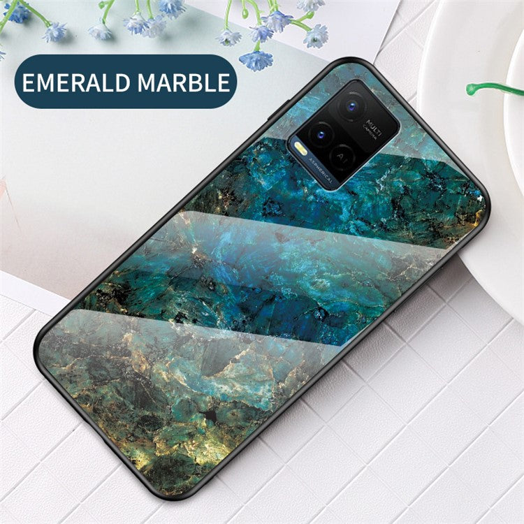 Marble Pattern Smooth Light Anti-scratch Soft TPU Frame PC and Tempered Glass Back Cover for vivo Y21/Y33s - Emerald Marble