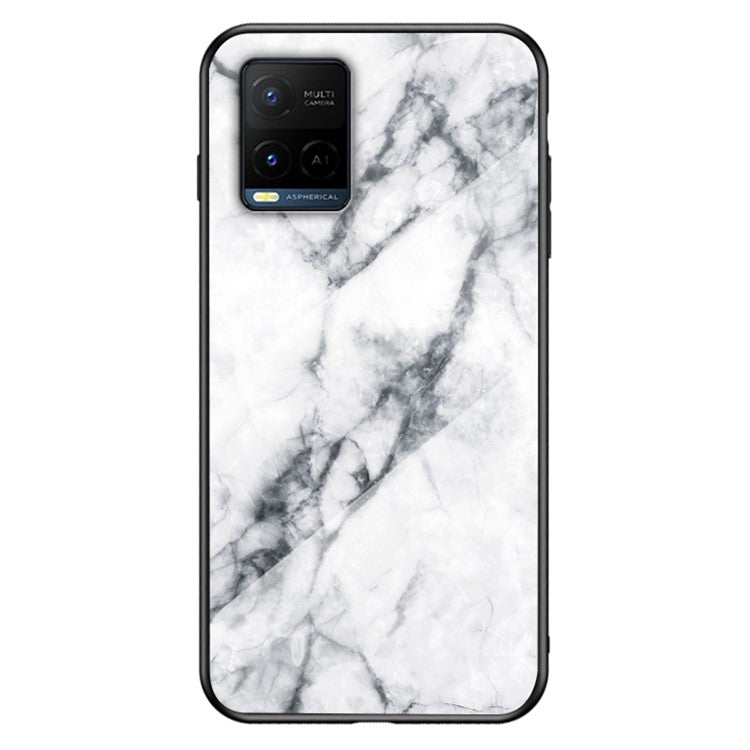 Marble Pattern Smooth Light Anti-scratch Soft TPU Frame PC and Tempered Glass Back Cover for vivo Y21/Y33s - White Marble