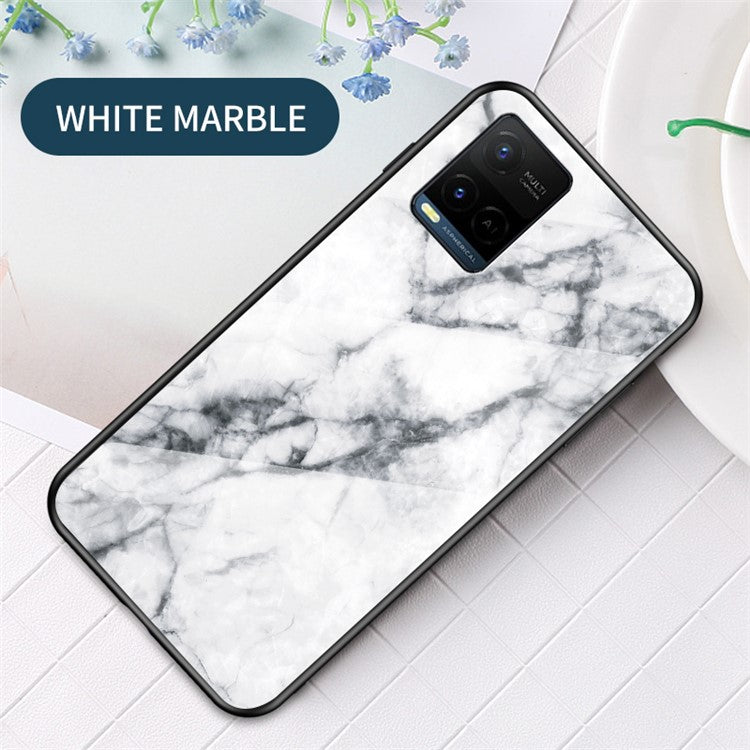 Marble Pattern Smooth Light Anti-scratch Soft TPU Frame PC and Tempered Glass Back Cover for vivo Y21/Y33s - White Marble