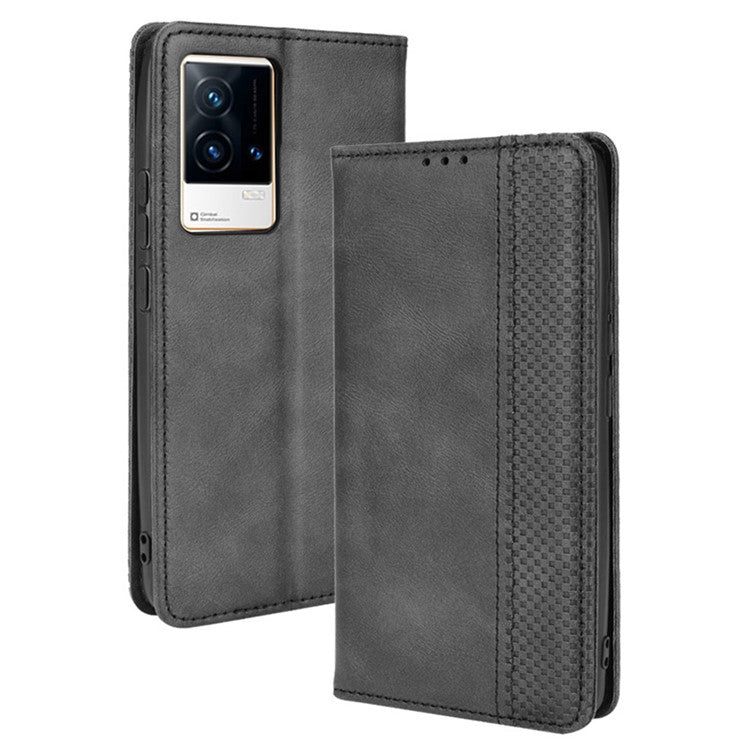 Retro Textured Surface Anti-Drop Phone Leather Case Wallet Stand Cover for vivo iQOO 8 - Black