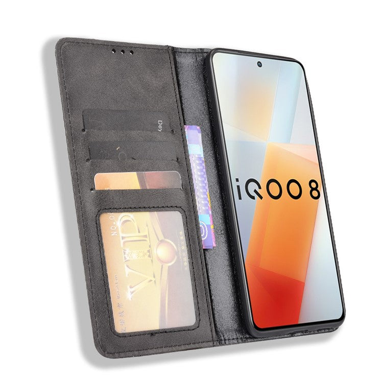 Retro Textured Surface Anti-Drop Phone Leather Case Wallet Stand Cover for vivo iQOO 8 - Black