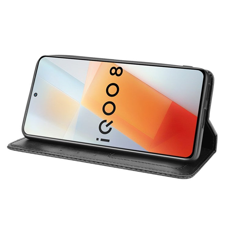 Retro Textured Surface Anti-Drop Phone Leather Case Wallet Stand Cover for vivo iQOO 8 - Black