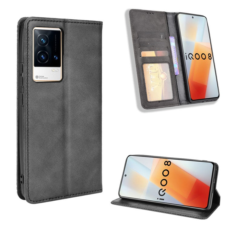 Retro Textured Surface Anti-Drop Phone Leather Case Wallet Stand Cover for vivo iQOO 8 - Black