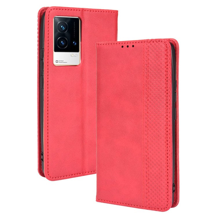 Retro Textured Surface Anti-Drop Phone Leather Case Wallet Stand Cover for vivo iQOO 8 - Red